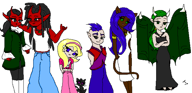 from left to right, Lucio, Reshtaha, Stacey, Nakibe, Nekogami, and Ryuugami; artwork by Jesterlex